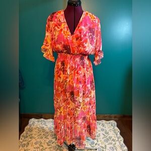 Meetrendi Orange and Pink Flutter Sleeve Midi Sundress